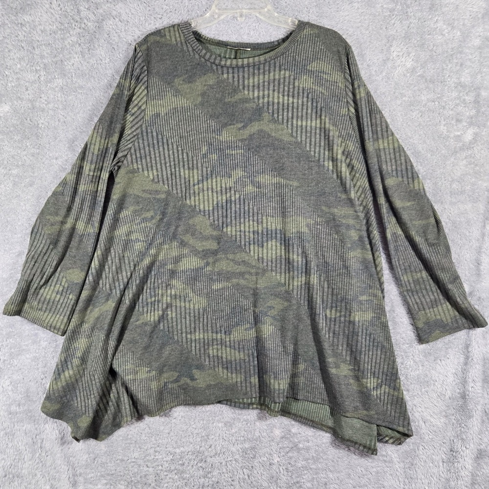 Jodifl Womens Camo Ribbed Knit Sharkbite Hem Long Sleeve Top Green 1X P4072-P